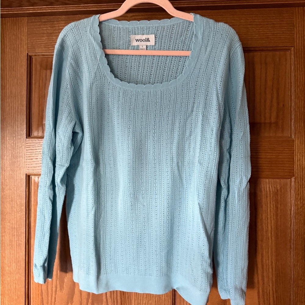 Wool& Daisy Pointelle Light Blue Scoop Neck Knit Sweater - large
